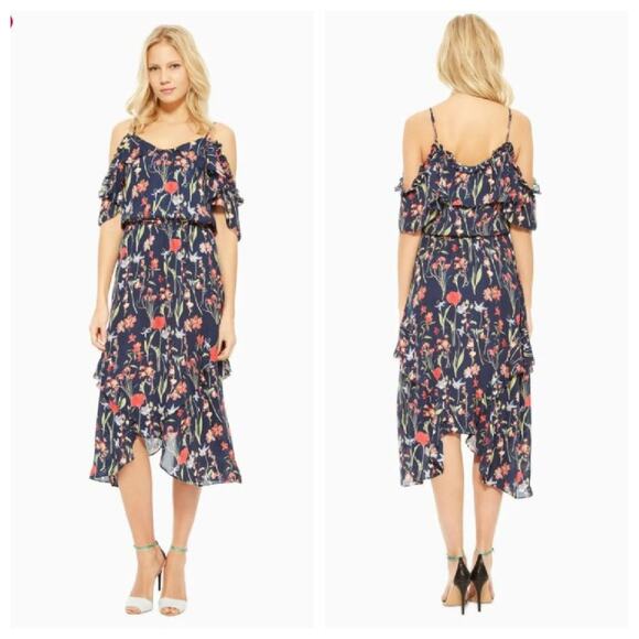 Parker Kam Blue Floral Print Ruffled Silk Cold Shoulder Midi Dress - Picture 1 of 12